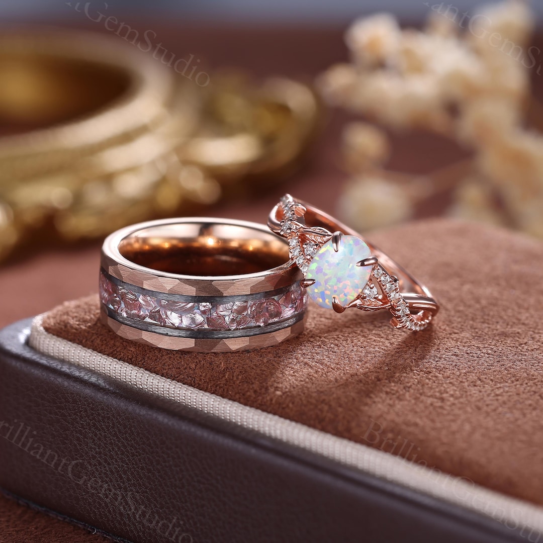 Couples Ring Set: White Fire Opal, Rose Gold Tungsten Wedding
