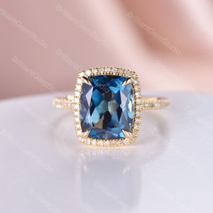 Cushion Cut London Blue Topaz Engagement Ring,Yellow Gold,December Birthstone Ring,Art Moissanite Wedding Ring,Pave Mother&#39;s Day Gift