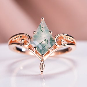 3pcs Kite Cut Moss Agate Engagement Ring Set 14k Rose Gold 3pcs Kite Cut Moss Agate Engagement Ring Set 14k Rose Gold