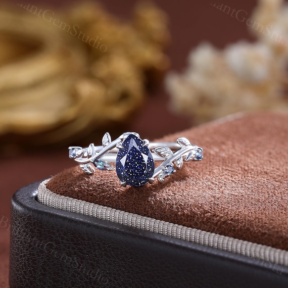 Pear Blue Sandstone Ring: Alexandrite Twig Vine, Rose Gold Wedding Set