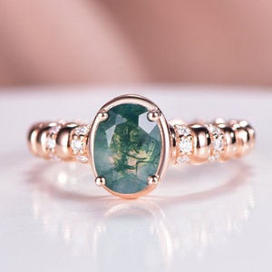 Oval Moss Agate Ring: Vintage Art Deco 925 Sterling Silver Engagement Ring