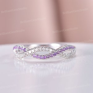 Antique Infinity Loop Moissanite Wedding Band,Silver White Gold Amethyst Wedding Ring,Diamond Band,Half Eternity Cluster Anniversary Ring