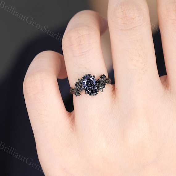 Vintage Oval Blue Sandstone Ring: Gothic Black Gold Leaf Bridal
