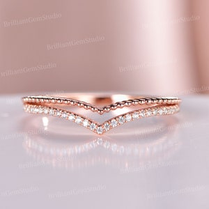 Antique Chevron Wedding Band,Silver Rose Gold Moissanite Wedding Ring,Split Shanks Band,Half Eternity Curved Anniversary Ring For Women