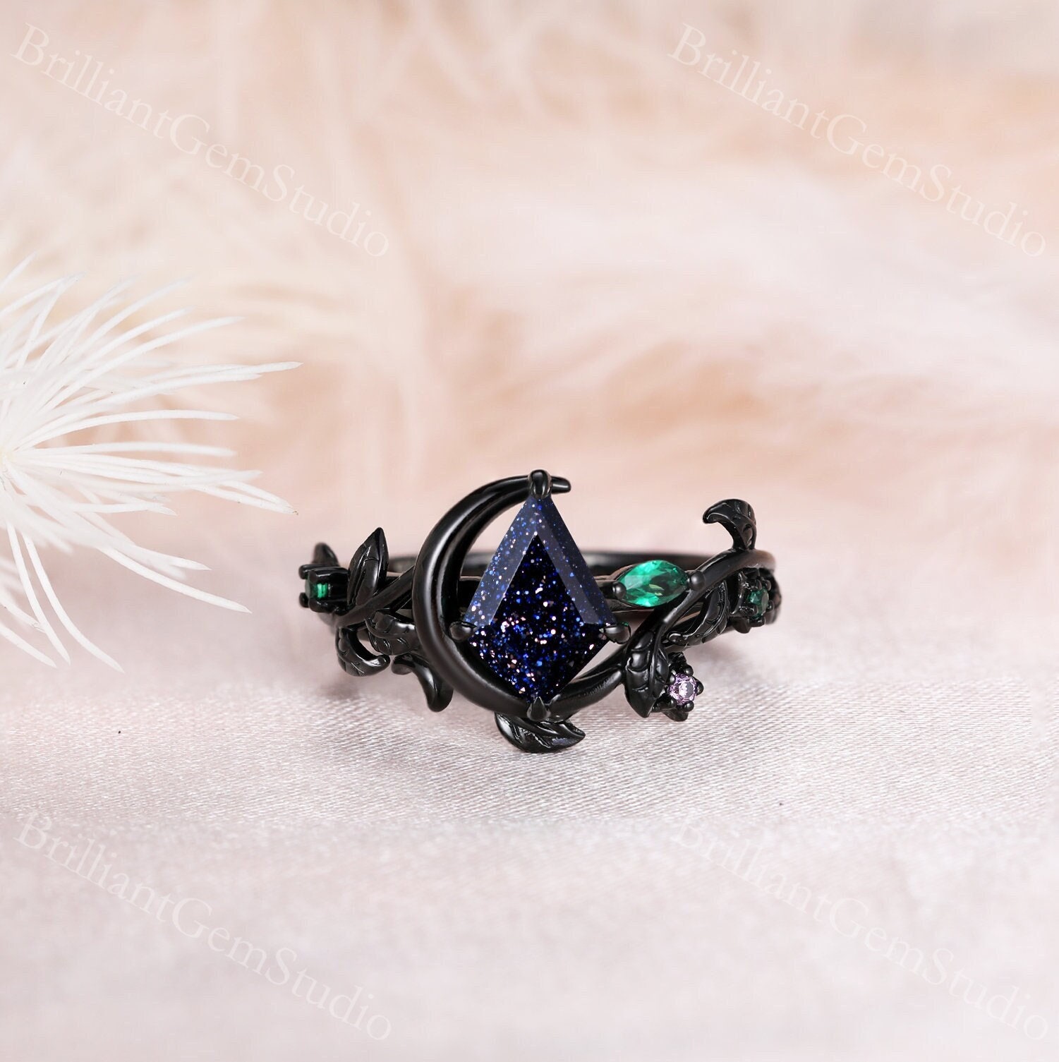 Vintage kite galaxy blue sandstone engagement ring black gold unique leaf moon engagement ring art deco emerald bridal wedding ring unique