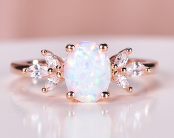 Cluster Oval Cut Fire Opal Engagement Ring, October Birthstone Ring, Marquise Moissanite Wedding Ring, Vintage Opal Ring, Promise Gift Women