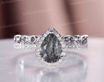 Pear Black Rutilated Quartz Engagement Ring Set: Vintage Sterling Silver Bridal Wedding Ring
