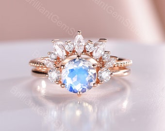 Rainbow Moonstone Engagement Ring Set: Moissanite Cluster, Sterling Silver