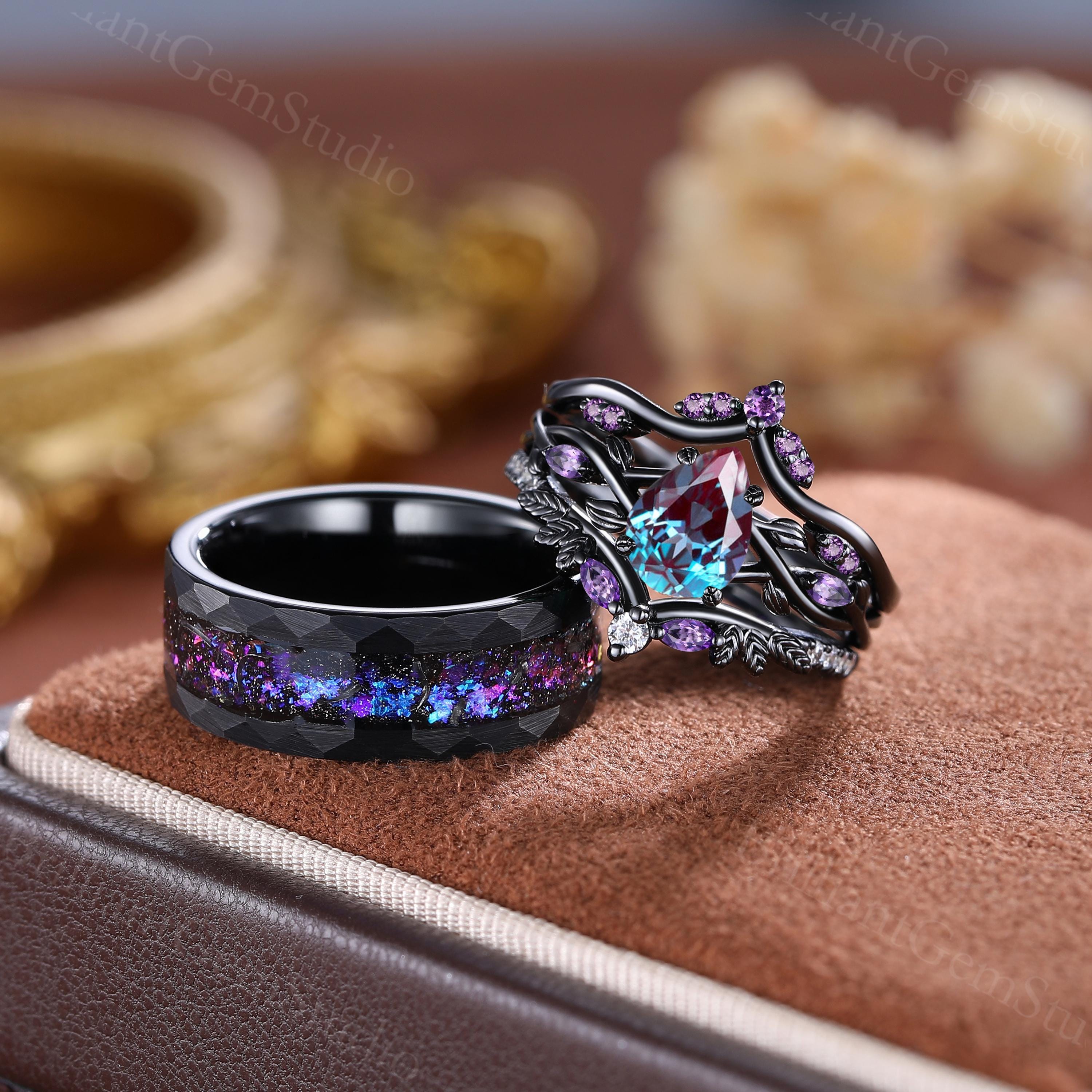 SHELOVES ブラックメッキ カップル レディース パープル ウェディングリングセット 彼と彼女 メンズ タングステン 結婚指輪 石 キュービックジルコニア アレキサンドライトペアリングセット：ブラックゴールドリーフの結婚