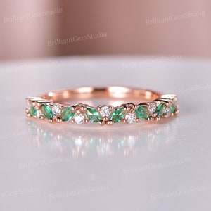 Antique Marquise Emerald Wedding Ring: Rose Gold Moissanite Cluster Band