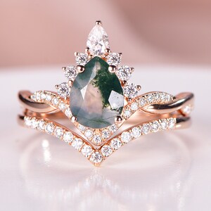 Pear Moss Agate Engagement Ring Set Vintage Green Gemstone Engagement Ring Women Gold Unique Wedding Ring Set Natural Moss Agate Rings Women
