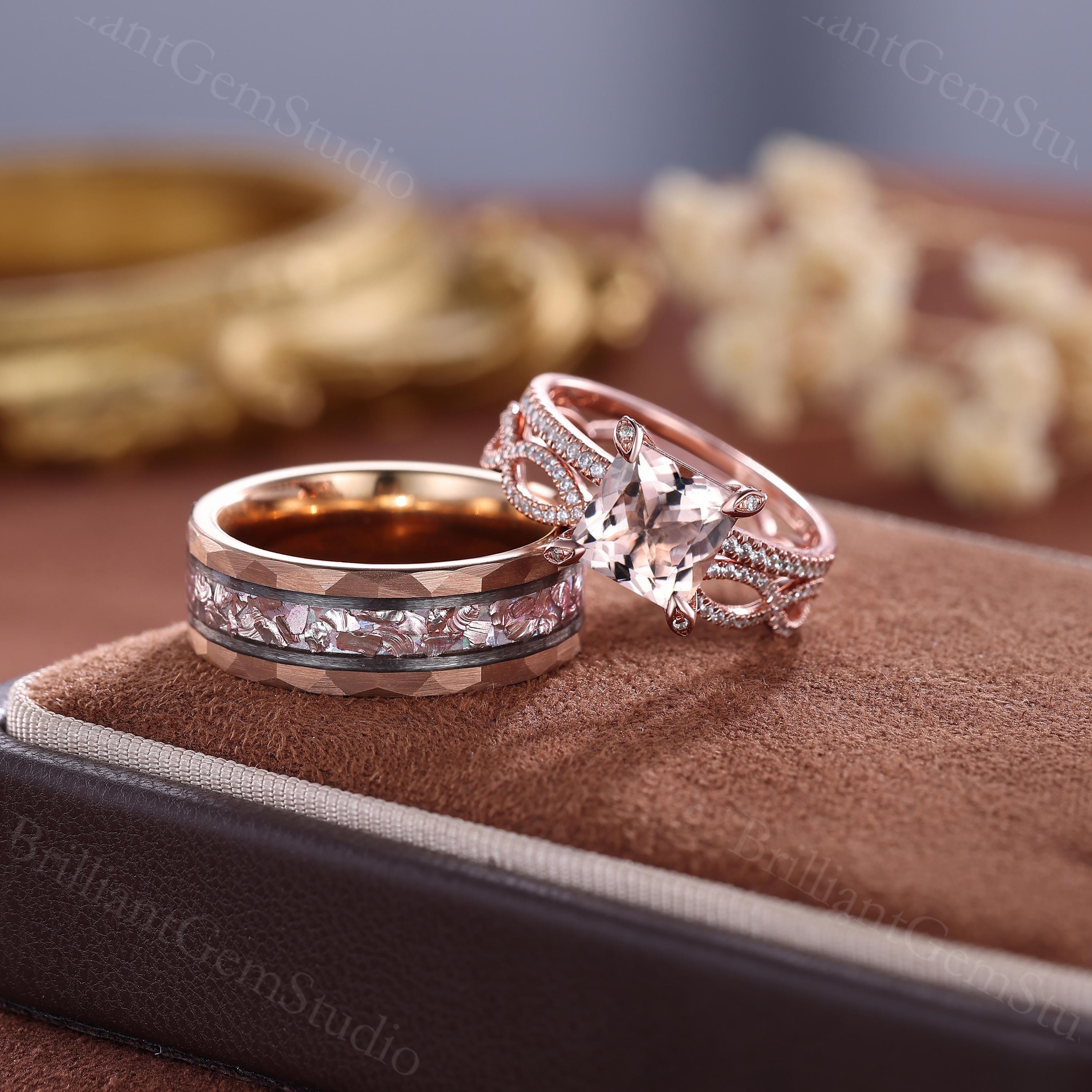 Morganite Couples Ring Set, His and Hers Split Shank Wedding Band