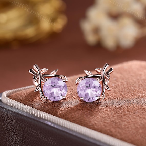 Lavender Amethyst Stud Earrings: Sterling Silver, Rose Gold Floral Design