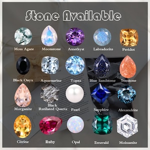 Puede incluir: Un gr&aacute;fico de varias piedras preciosas, incluyendo amatista, aguamarina, &oacute;nix negro, piedra arenisca azul, citrino, esmeralda, labradorita, moissanita, morganita, piedra lunar, &oacute;palo, peridoto, rub&iacute;, zafiro, piedra de sol, topacio y alexandrita.