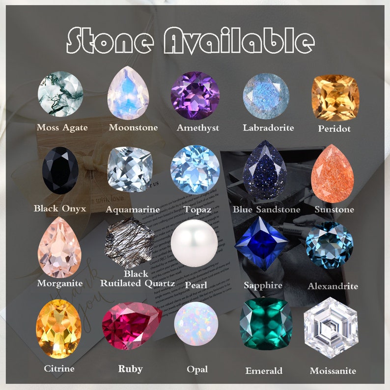 Puede incluir: Un gr&aacute;fico de varias piedras preciosas, incluyendo amatista, aguamarina, &oacute;nix negro, piedra arenisca azul, citrino, esmeralda, labradorita, moissanita, morganita, piedra lunar, &oacute;palo, peridoto, rub&iacute;, zafiro, piedra de sol, topacio y alexandrita.