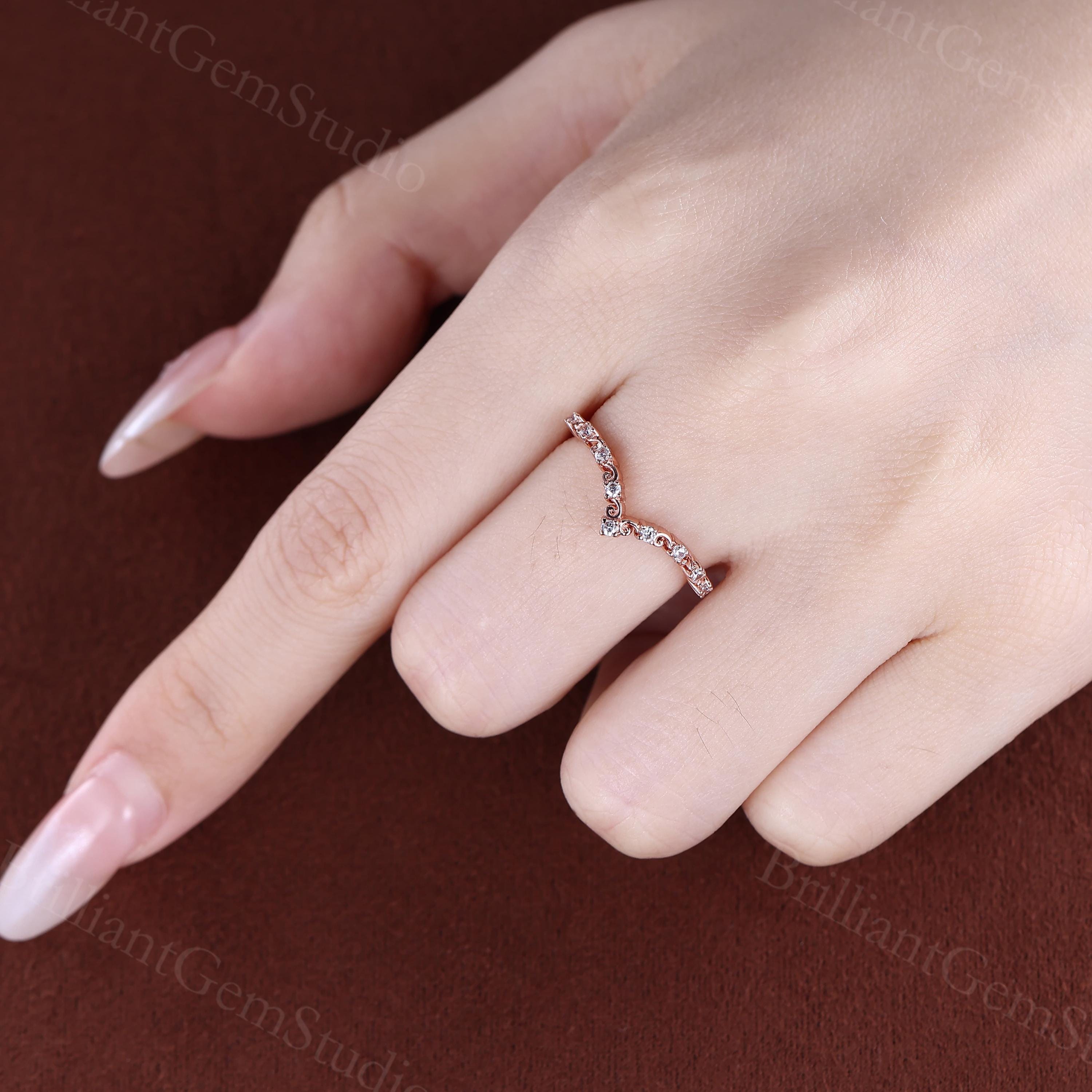 Vintage Moissanite Curved Wedding Band Rose Gold Chevron Ring Art Deco ...