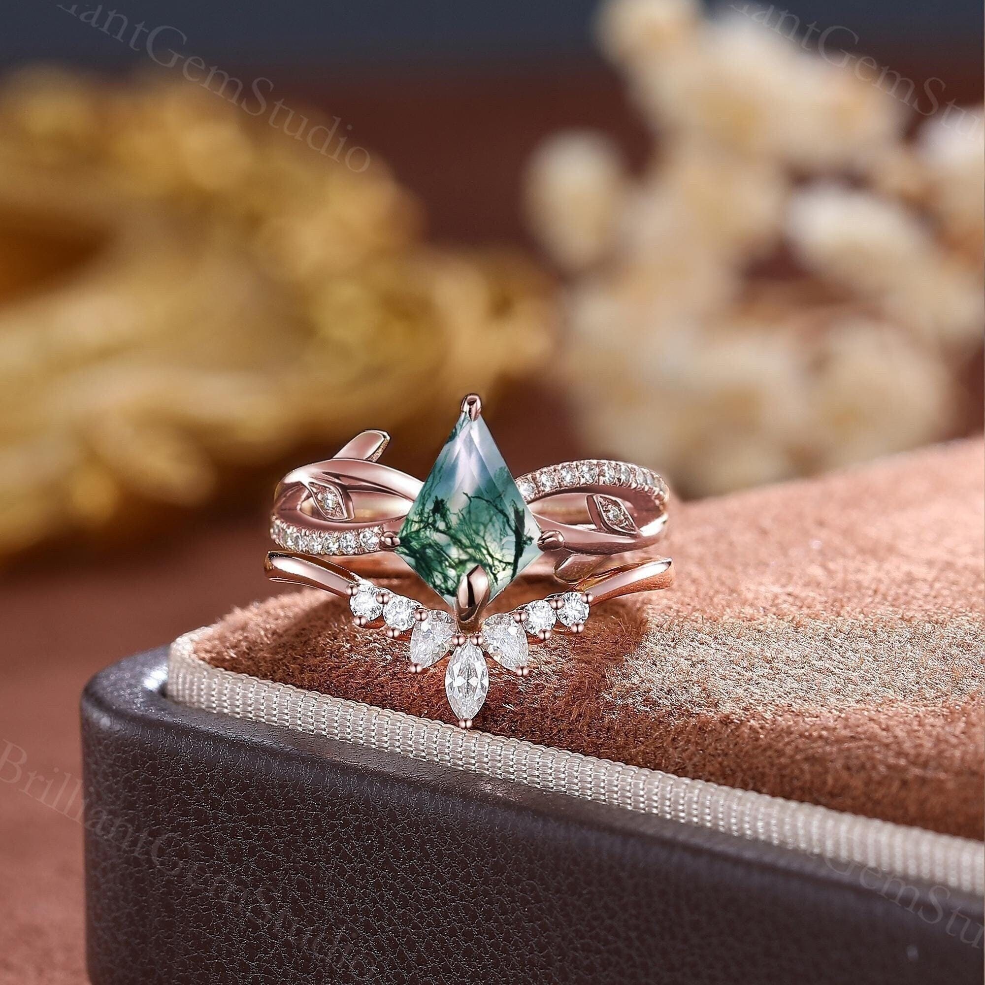 Kite Cut Moss Agate Ring: Rose Gold Art Deco Leaf Engagement Ring