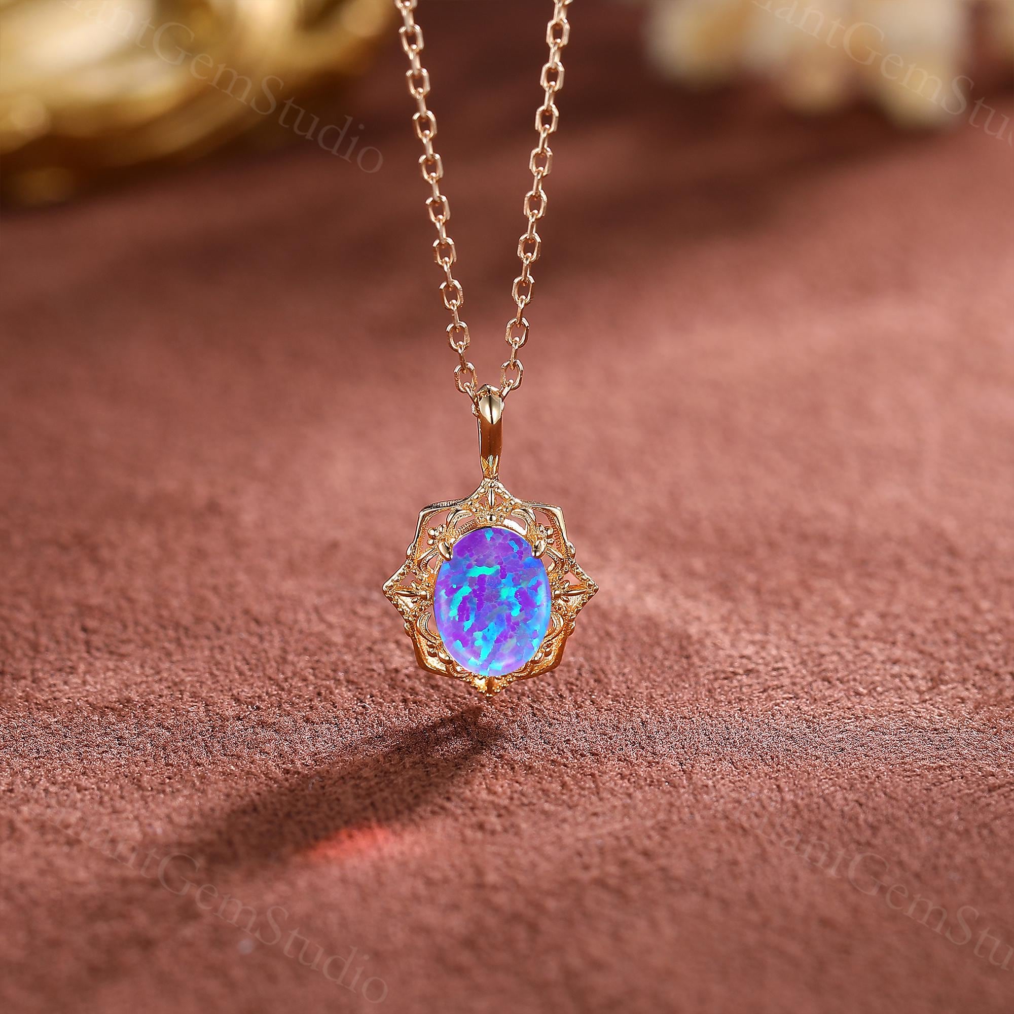 Lavender Opal Pendant Necklace: Sterling Silver Vintage Style