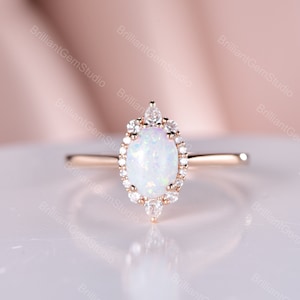 Oval Fire Opal Engagement Ring: Vintage Art Deco Moissanite Halo, October Birthstone