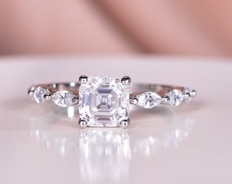 Asscher geslepen moissaniet verlovingsring, 14 kt roségoud, diamanten trouwring