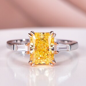 Radiant cut moissanite engagement ring ,3 stone wedding band,14k yellow gold moissanite bridal ring,anniversary promise ring,ring For Women