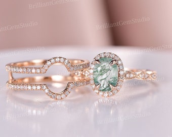 Moss Agate Bridal Ring Set: Oval Green Agate, Rose Gold Wedding Band