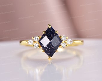 Kite Shape Blue Sandstone Ring Yellow Gold Moissanite Engagement Ring Gold Stone Anniversary Ring For Woman Birthstone Unique Gift For Her