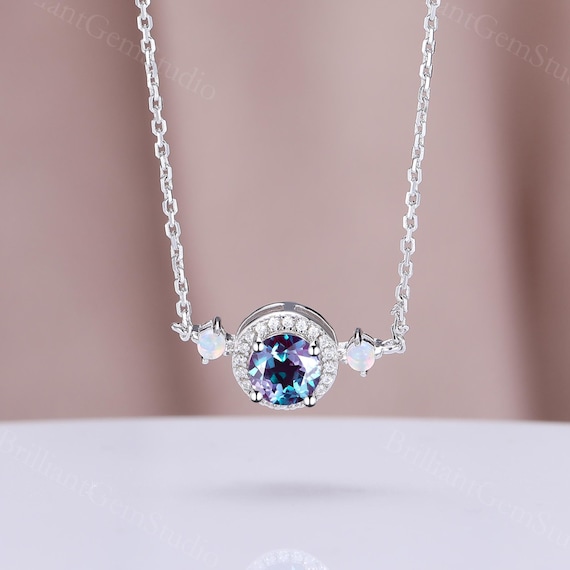 Vintage Alexandrite Necklace: 14K White Gold Filled, Diamond Art Deco Jewelry