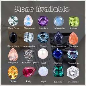 May include: A chart of 18 different gemstones, including amethyst, aquamarine, black onyx, blue sandstone, citrine, emerald, labradorite, moissanite, morganite, moonstone, opal, peridot, pearl, ruby, sapphire, sunstone, topaz, and rutilated quartz.