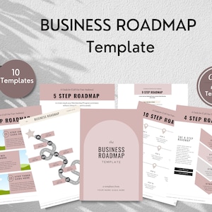 May include: A set of 10 printable business roadmap templates in a pink and grey colour scheme. The templates are designed to help you plan and visualise your business goals. The text on the templates includes "Business Roadmap Template", "5 Step Roadmap", "3 Step Roadmap", "9 Step Roadmap", "10 Step Roadmap", and "4 Step Roadmap".