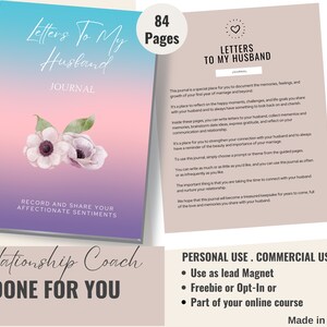 Cartas de amor a mi esposo, obsequio hecho para usted, imán principal, diario, diario de relaciones, indicaciones del diario de matrimonio, Canva editable
