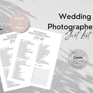 Wedding Shot List, Wedding Photography List, Wedding Photographer Shot List Template, Editable Wedding Photo Checklist, Canva Templates