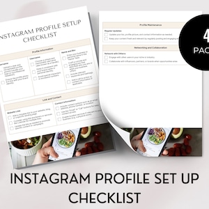 May include: A checklist for setting up an Instagram profile. The checklist includes sections for profile information, link and contact, profile maintenance, and networking and collaboration. The checklist is divided into four pages.