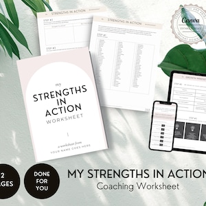 My Strengths in Action Worksheet, Growth Mindset Worksheet for Coaches, Coaching Kit,  Workbook for Coaches,  Lead Magnet, Canva Template