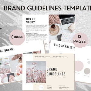 Könnte beinhalten: Eine 12-seitige Markenrichtlinien-Vorlage mit einem rosa-weißen Farbschema. Die Vorlage enthält Abschnitte für die Markenstory, das Leitbild, das Moodboard, die Farbpalette und die Kontaktinformationen. Die Vorlage ist für die Verwendung mit Canva konzipiert.