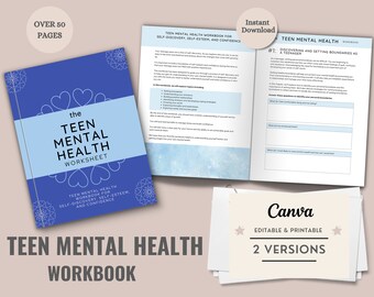 Arbeitsbuch für psychische Gesundheit von Teenagern: Eine Reise zu Selbstfindung, Selbstwertgefühl und Selbstvertrauen, druckbare und bearbeitbare Canva-Vorlage, blau