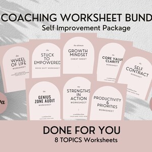 Puede incluir: Un conjunto de 8 hojas de trabajo de entrenamiento imprimibles para la superación personal. Las hojas de trabajo están diseñadas con un fondo rosa y texto negro. Los títulos de las hojas de trabajo incluyen "Rueda de la vida", "Atascado para empoderarse", "Mentalidad de crecimiento", "Claridad de los valores fundamentales", "Contrato personal", "Auditoría de la zona de genio", "Fortalezas en acción" y "Productividad y prioridades".