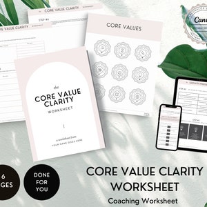 Może przedstawiać: Drukowana karta pracy dotycząca jasności wartości podstawowych, składająca się z sześciu stron. Karta pracy została stworzona, aby pomóc Ci zidentyfikować i wyjaśnić swoje wartości podstawowe. Zawiera szereg ćwiczeń i działań, które pomogą Ci lepiej zrozumieć swoje wartości.