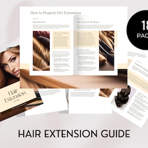 以下が含まれることがあります： ヘアエクステンションガイドというタイトルの18ページのガイドで、ヘアエクステンションを正しく乾かす方法について説明しています。このガイドには、エクステンション装着後最初の24〜48時間、最初の洗浄とコンディショニング、そしてやさしい洗浄テクニックに関する情報が含まれています。