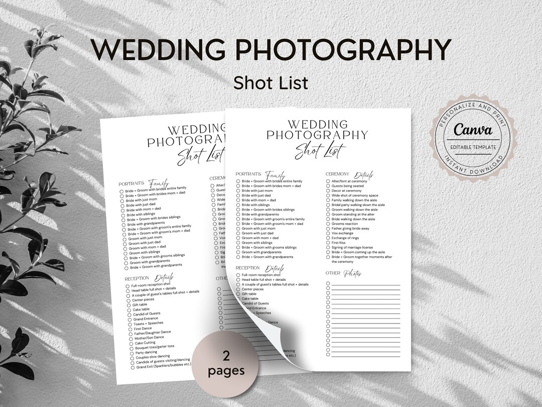 Editable Wedding Photo Shot List, Wedding Photography Shot List