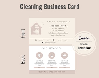 Tarjetas de presentación para empresas de limpieza, tarjetas de presentación a doble cara, tarjetas de presentación para empresas de limpieza con oferta de servicios, plantilla editable de Canva para promoción empresarial.