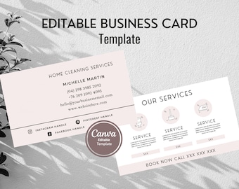 Editable Cleaning Business Cards, Two-Sided Business Card, Cleaning Business Cards with Service Offerings, Business Promotion Canva Template