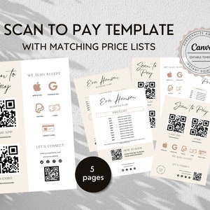 Scan-to-pay-sjabloon en bijpassende prijslijsten, bewerkbare scan-to-pay-kaart, QR-code betalingssjabloon, mobiele betalingssjabloon, Canva-sjabloon