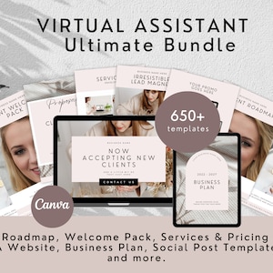 May include: A bundle of digital templates for virtual assistants. The image features a laptop and tablet displaying templates, including a client welcome pack, business plan, and pricing guide. The text includes "Virtual Assistant Ultimate Bundle" and "650+ templates."