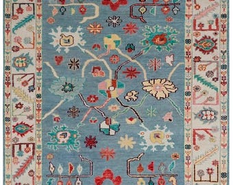 Hand Knotted Wool Oushak Rug, Turkish Floral Carpet, Custom Size
