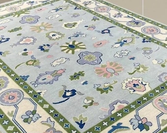 Hand Knotted Wool Rug, Pastel Floral Oushak Style, Elegant Turkish Carpet