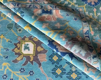 Handmade Teal Blue Oushak Rug – Boho Floral Wool Carpet