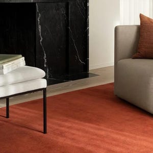 May include: A modern living room featuring a burnt orange rug, a white bench with black legs, and a beige armchair with an orange pillow. A black marble fireplace is in the background, creating a warm and inviting atmosphere.