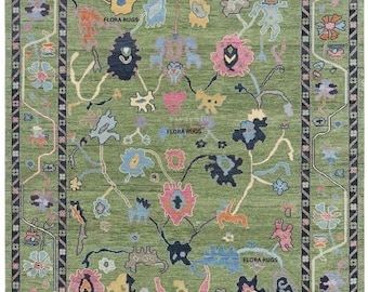 Green Wool Oushak Rug – Hand-Knotted Floral Area Carpet