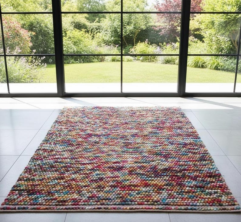 May include: A rectangular area rug with a colorful, textured surface. The rug is made of small, tightly packed, multi-colored balls in shades of pink, blue, yellow, and green. The rug is placed on a light-colored tile floor.